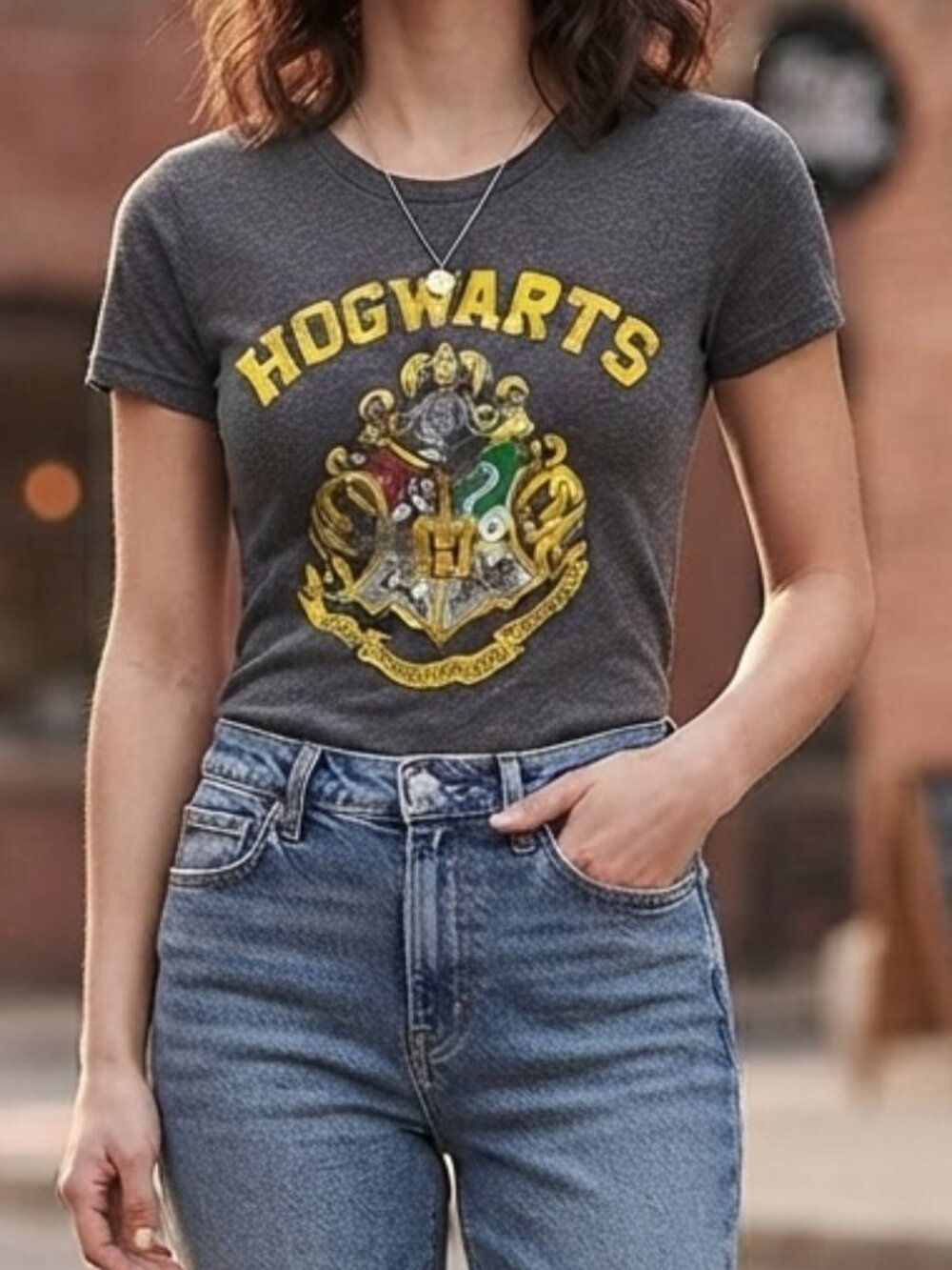 Harry Potter Hogwarts Crest Charcoal Gray Graphic Tee Shirt - Size XS